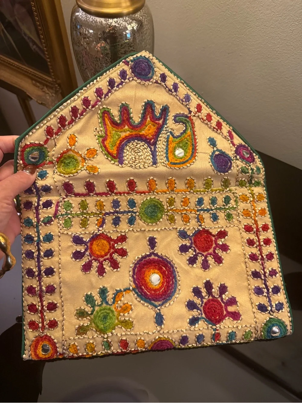 Ten Thousand Villages Hand-Embroidered Beige Envelope Clutch w Colorful Accents